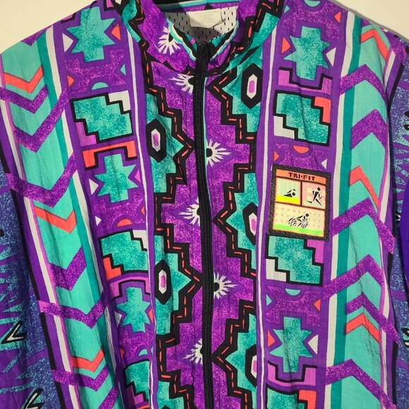 Vtg 80s/90s TriFit Sportswear Colorful Southwestern Full Zip Medium Windbreaker - Picture 3 of 6